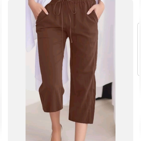 AMBIANCE Apparel High Waist Wide Leg Crop Pants Linen Blend NWT Sz.M Drawstring - Picture 8 of 8